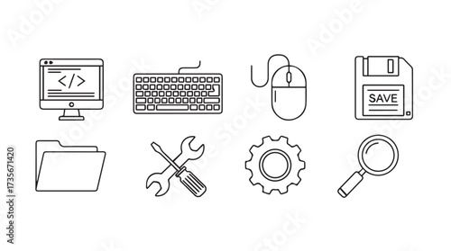 Collection of digital technology and software development icons for web and apps vector