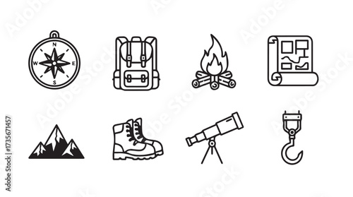 Set of outdoor adventure and camping icons including compass backpack fire mountains boots telescope hook vector