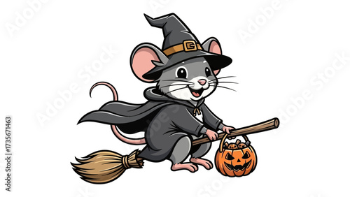Spooky Mouse Witch on Broomstick: A charming cartoon mouse witch with a pointy hat and cloak gracefully glides through the night sky on a trusty broomstick.