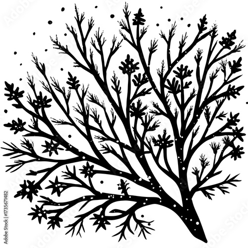 Delicate watercolor illustration of bare branches dusted with soft falling snow evoking a serene winter landscape