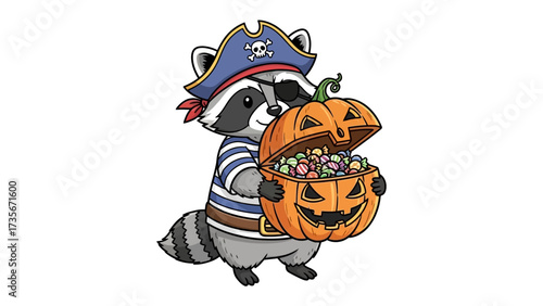 Cute Pirate Raccoon with Pumpkin: A charming cartoon pirate raccoon gleefully holds a jack-o'-lantern brimming with treats, capturing the playful essence of Halloween.