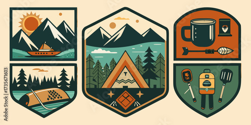 Collection of vintage explorer, wilderness, adventure, camping emblem graphics. Perfect for t-shirts, apparel and other merchandise