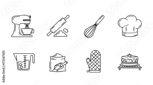 Collection of hand drawn baking icons representing kitchen tools and ingredients for culinary creation vector