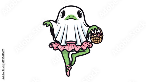 Spooky Ballerina: A charming and unique cartoon of a spectral dancer holding basket, a ghostly ballerina taking center stage, blending cuteness and the supernatural with a playful artistic style.
