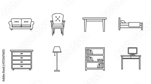 Collection of hand drawn furniture icons including sofa chair desk bed dresser lamp bookshelf and table vector