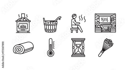 Sauna icons collection set symbols for relaxation and wellness steam bathing elements vector