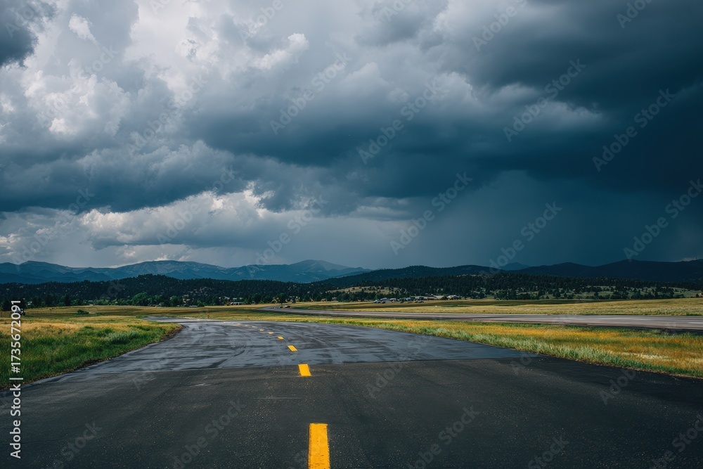 Fototapeta premium Empty Asphalt Road Beneath Dark Storm Clouds with Green Field and Distant Mountains