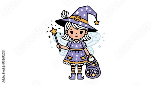 Enchanting Young Witch's Halloween: A cartoon illustration captures the joy of a young witch, clad in purple, with a magical wand, ready for trick-or-treat, perfect for Halloween.