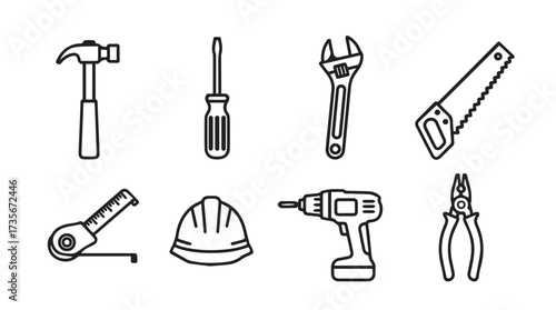 Collection of hand tools and safety gear essential for home renovation and construction projects vector