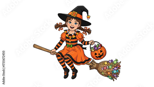 Spooky Witch: A whimsical illustration depicts a charming young witch flying on a broomstick, a Jack-o'-lantern candy basket in hand.