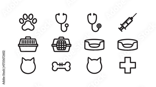 Collection of veterinary icons paw print stethoscope carrier bed bone syringe and cross for pet care vector