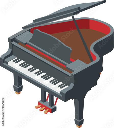 Isometric Grand Piano Vector Illustration – 3D Classical Music Instrument with Red Accents