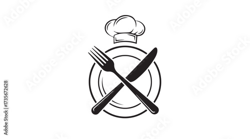 Chef's hat crossed utensils plate emblem culinary restaurant food service symbol hand drawn style vector