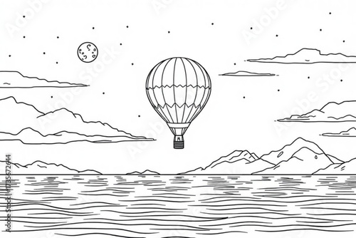 Minimilist hot air balloon over the water at night with stars, moon, clouds, and mountains in a line drawing style vector