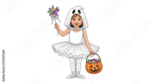 Spirited Halloween Spirit: A charming little girl, dressed in a playful ghost costume and holding a jack-o'-lantern bucket, celebrates the magic of Halloween.