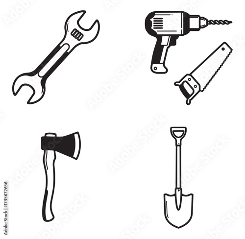 Vector illustration of construction tools including wrench drill saw axe and shovel outlined