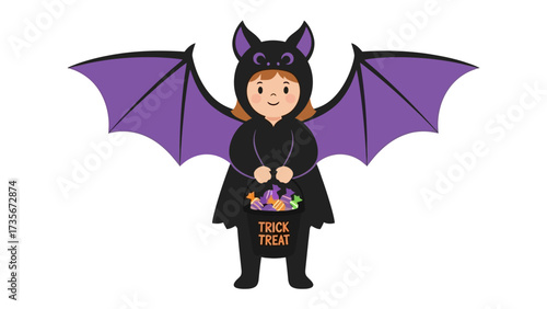 Bat Costume: A young person, dressed in a charming bat costume, joyfully embraces the Halloween spirit. With its adorable bat-winged cape and trick-or-treat bag.