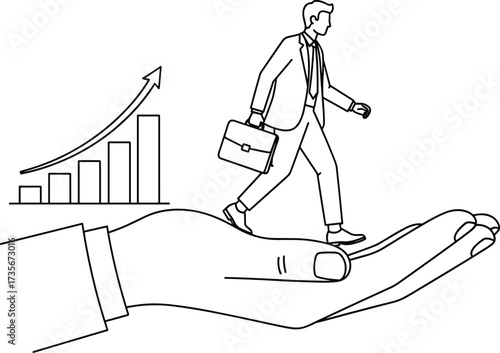 Business support illustration, helping hand concept, career growth, mentorship guidance, bar chart success, professional progress, leadership and opportunity