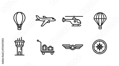 Set of transportation icons including airplanes helicopters hot air balloons and airport tower vector