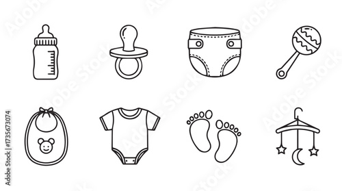Hand drawn baby essentials collection featuring bottle pacifier diaper rattle bodysuit bib and mobile vector