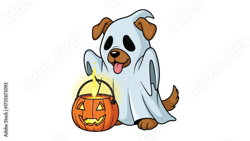 Halloween Dog with Pumpkin: A friendly canine, playfully draped in a ghost costume, happily interacts with a carved pumpkin lantern, capturing the spirit of Halloween.