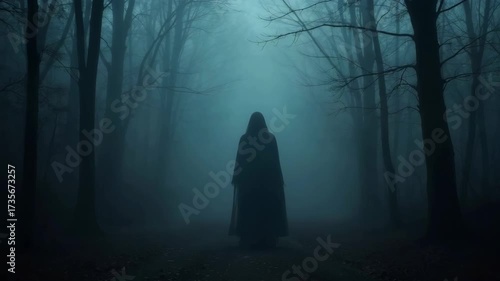 The dark forest at night, covered with a mystical fog, helloween, scary ghost, zombie