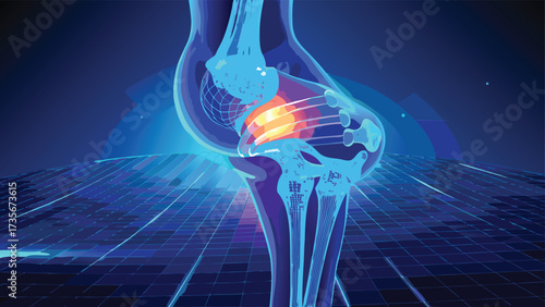 Illustration of the knee joint featuring the term Osteoarthritis of the Knee, emphasizing the condition's effects.eps