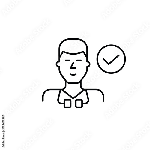Certified medical professional. Young male doctor with stethoscope and checkmark. Pixel perfect, editable stroke vector icon