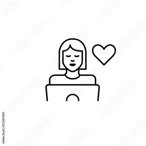 Woman working at laptop and heart. Customer support, remote user care. Pixel perfect, editable stroke vector icon