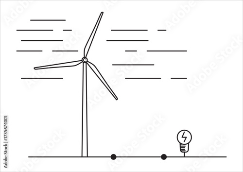 line art wind turbines generate electricity to power light bulbs