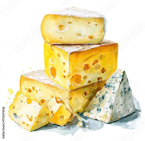 Watercolor illustration of various cheeses.  Stacked wedges of yellow cheeses with visible holes, alongside a wedge of blue cheese.  Soft, light-yellow tones and subtle textures