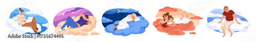 People are lying on clouds set. Happy men and women dream and relax in the sky. Calm characters fly, sleep, have a rest and reading in the air. Flat isolated vector illustrations on white background