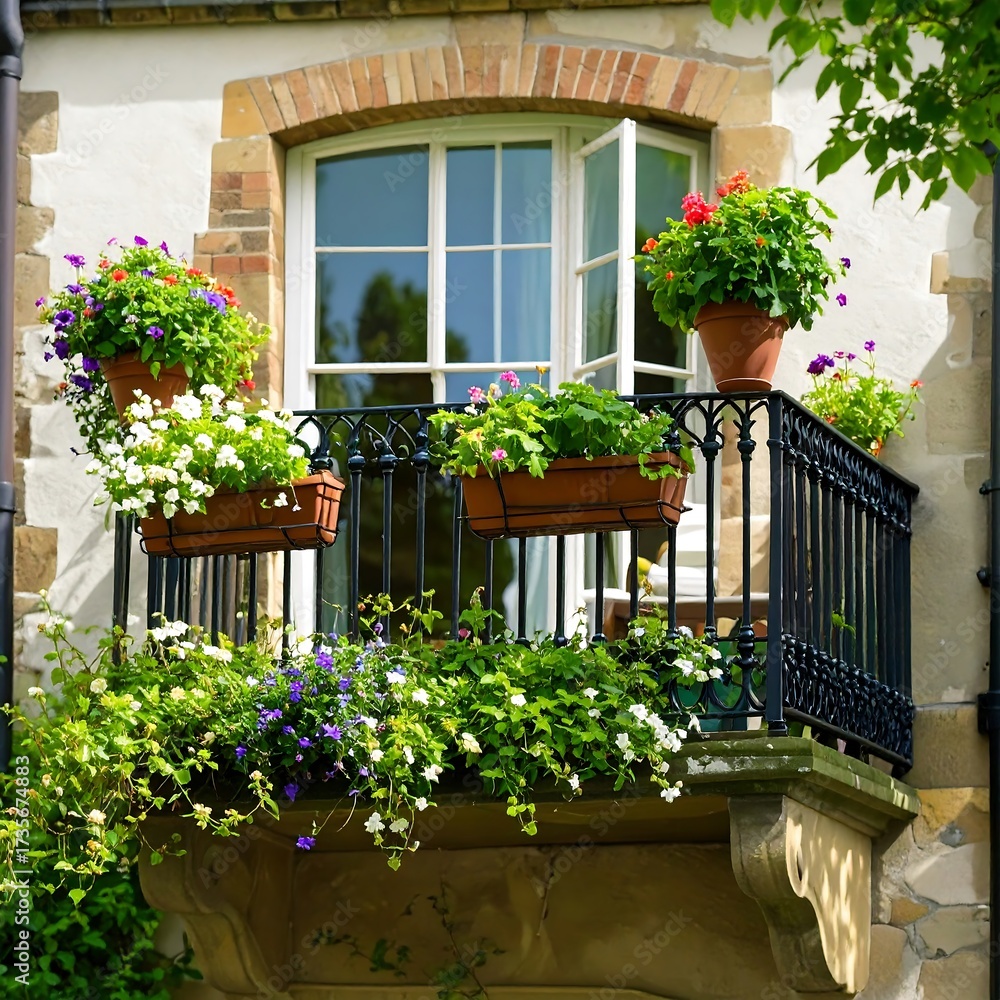 Naklejka premium A charming balcony overflowing with colorful flowers