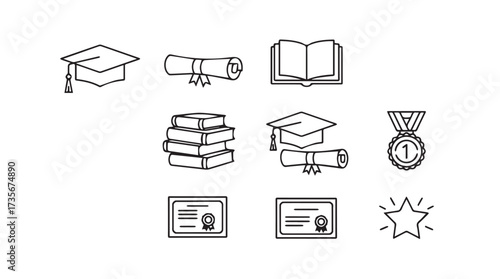 Set of education icons featuring graduation caps books diplomas medals and stars hand drawn style vector