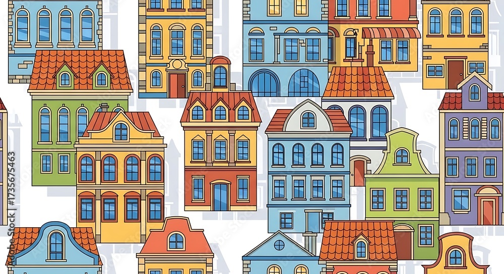 Naklejka premium Colorful European Townhouses Seamless Pattern.