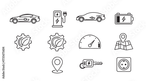Electric car icons set for sustainable transportation charging and eco-friendly technology concepts vector