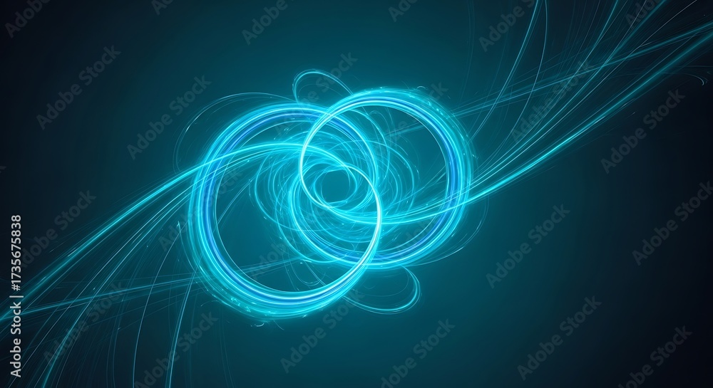 Fototapeta premium Glowing blue energy rings intertwined with light trails on a dark teal background, abstract concept
