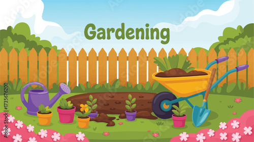Vector art of gardening scene with watering can, wheelbarrow, and plants