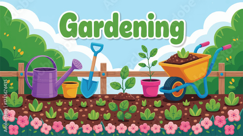 Vector art of gardening illustration with tools, plants, and wheelbarrow