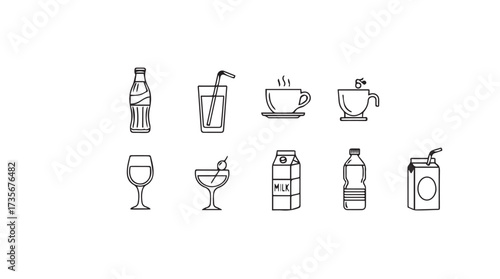 Collection of hand drawn beverage icons representing various drinks and containers vector