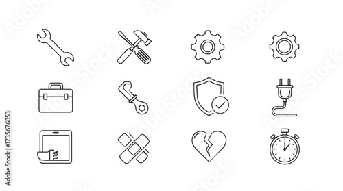 Collection of diverse conceptual line icons representing repair maintenance and services vector