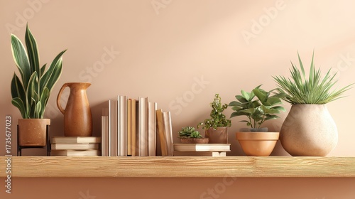 Cozy home decor shelf with plants books and vases against a warm wall