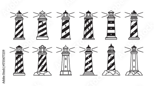 Collection of twelve hand drawn lighthouses nautical beacons seaside structures maritime guidance vector