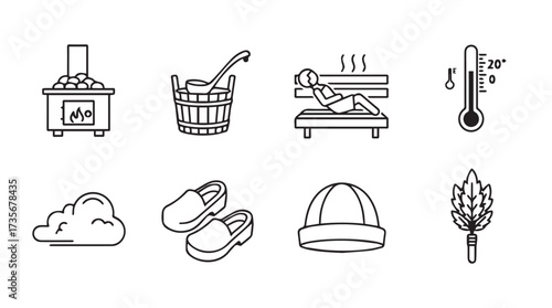 Collection of sauna icons and symbols for wellness and relaxation services vector