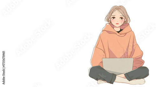Digital illustration of a blonde woman using laptop on transparent background