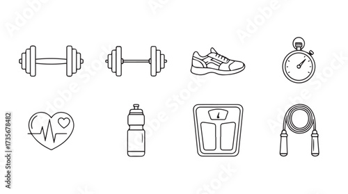 Fitness icons set dumbbells running shoe stopwatch heart water bottle scale jump rope line art vector