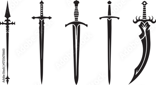 Silhouette Fantasy Sword Collection Black White Vector Art