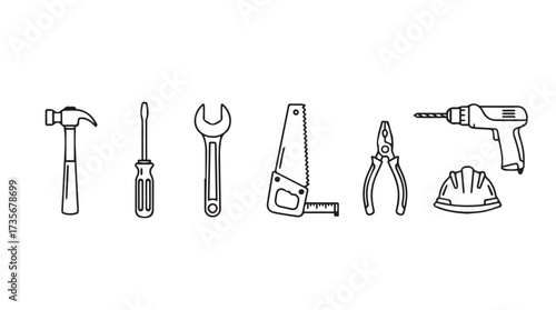 Collection of hand tools and safety helmet sketch style isolated elements for construction and diy projects vector