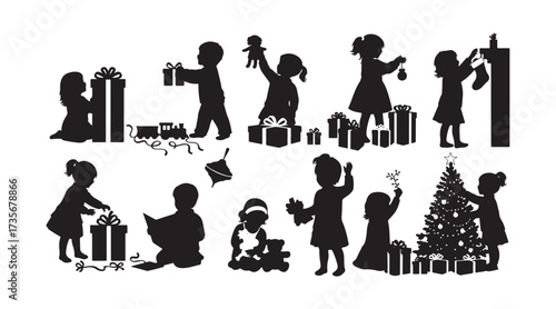 A vector drawing of kids on Christmas day