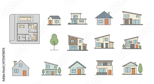 Vector illustration showing a house blueprint and various house icons with different architectural styles.